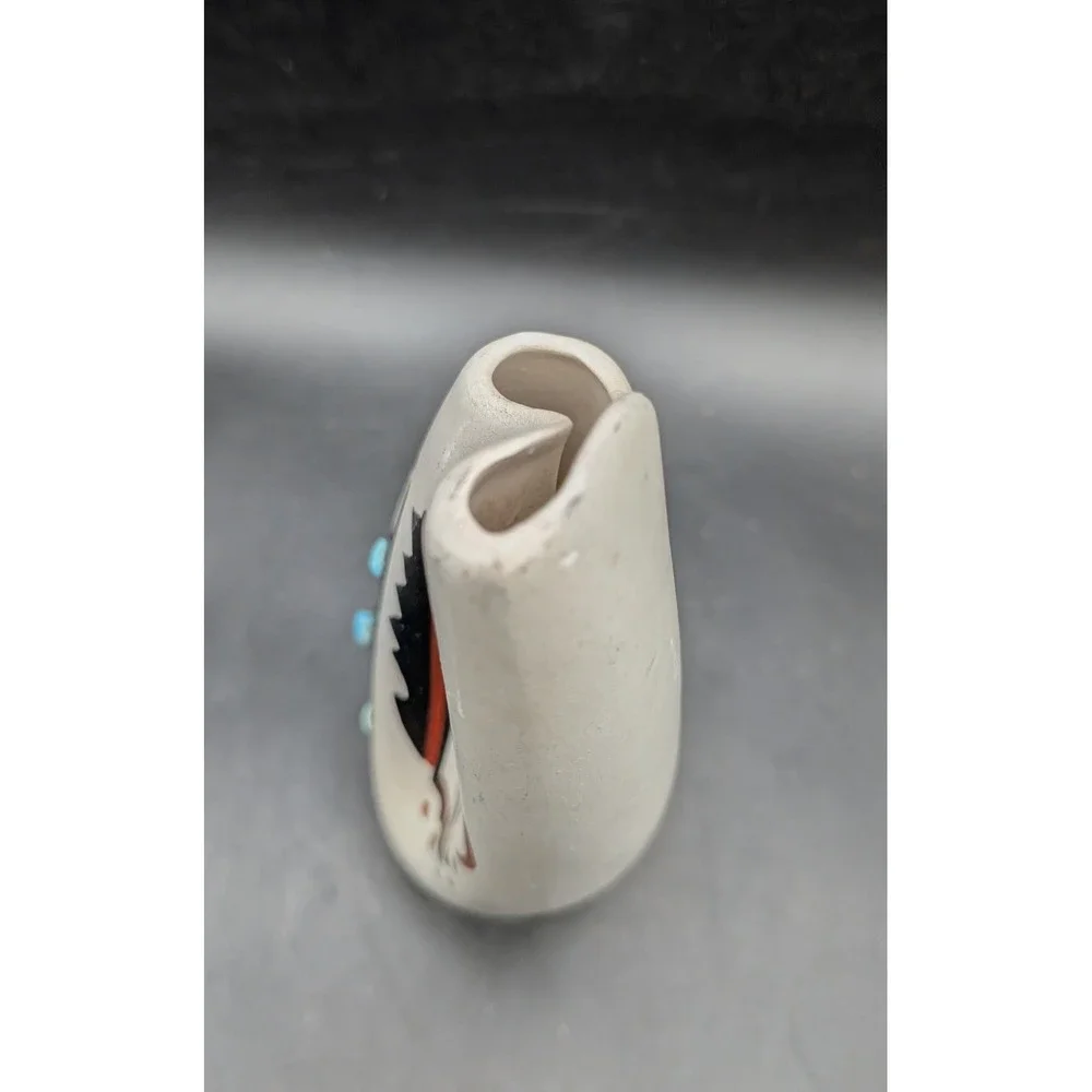 Signed Southwest Ceramic Art Pottery Vase Turquoise Accents White Black 8